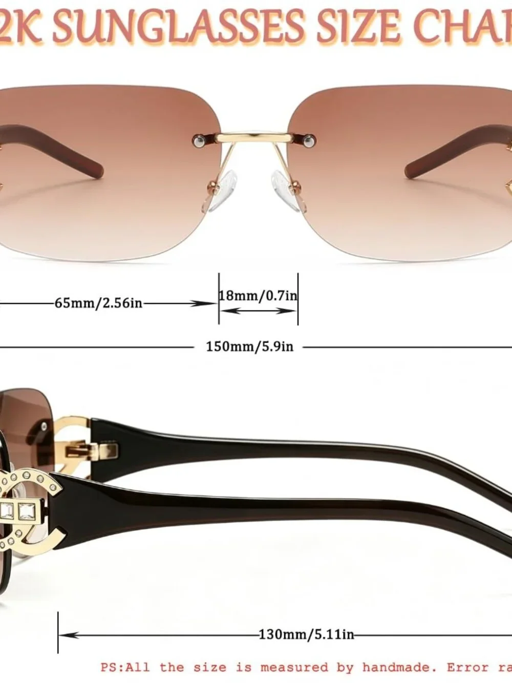 Elegant Rimless Rectangle Sunglasses for Women, Rhinestone Detail & UV400 Lens